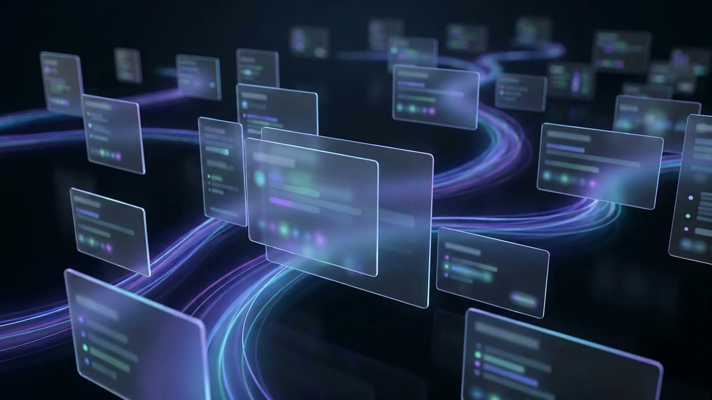 Translucent interface panels connected by flowing streams of light